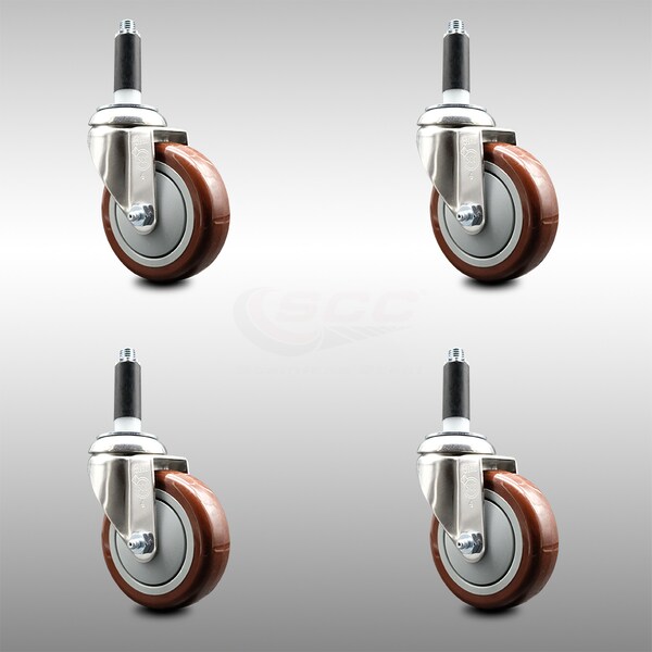 Service Caster 4 Inch 316SS Maroon Polyurethane Swivel 7/8 Inch Expanding Stem Caster Set SCC SCC-SS316EX20S414-PPUB-MRN-78-4 - main